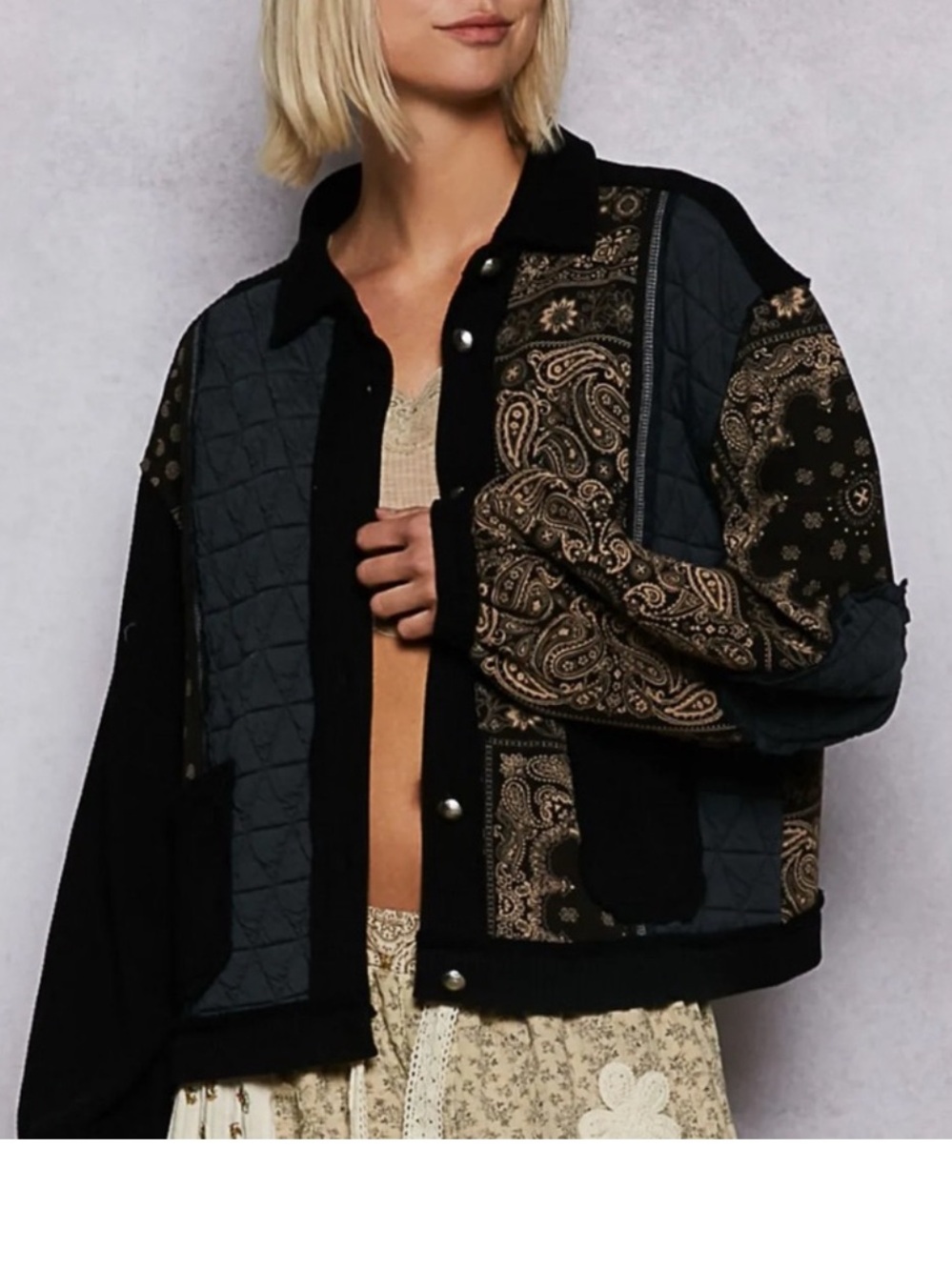 POL Patchwork Paisley Quilted Waffle Knit Jacket Top Black Brown M Boho Western